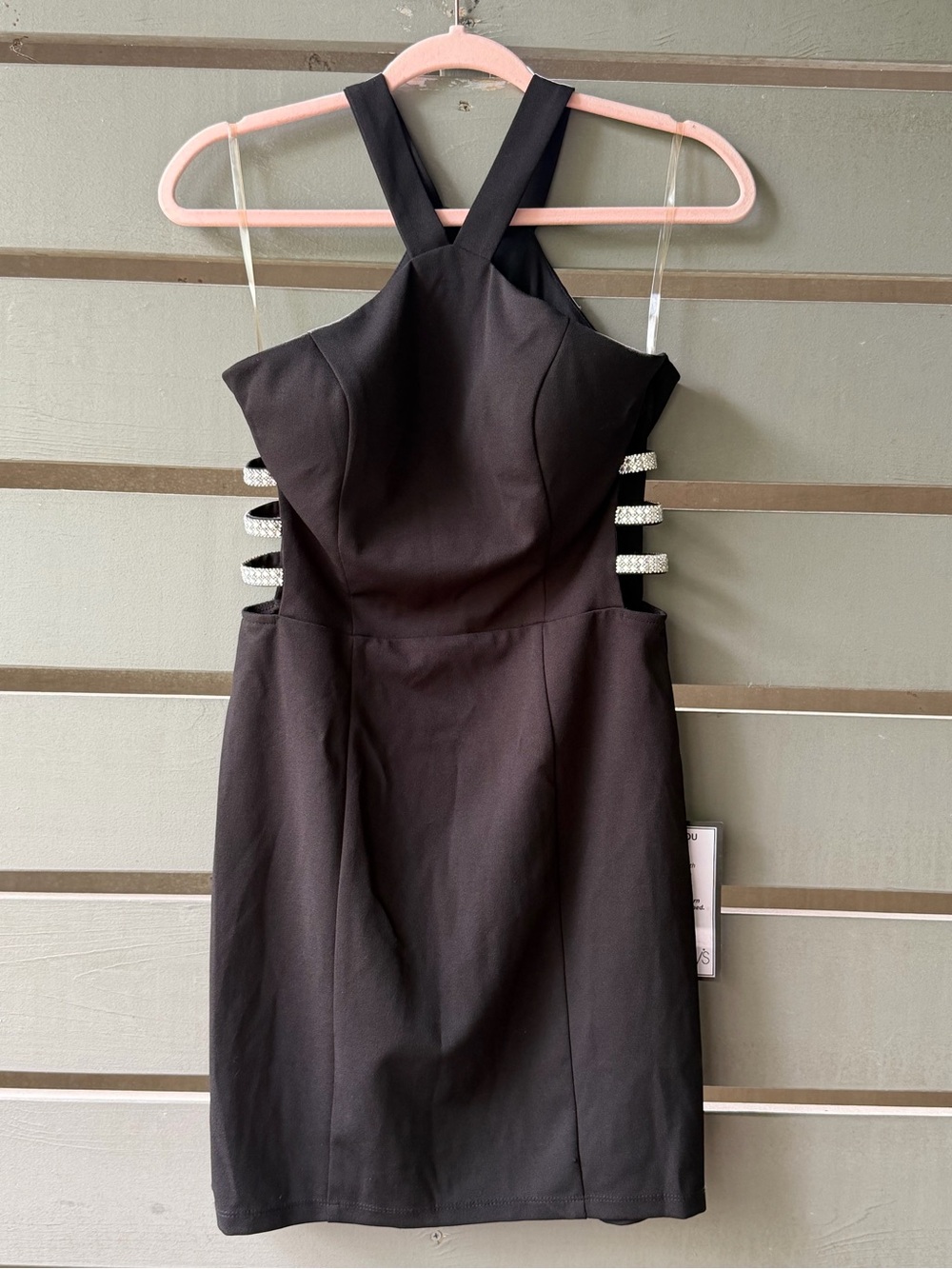 Speechless Black Mini Dress with Rhinestone Side Straps and Halter Back